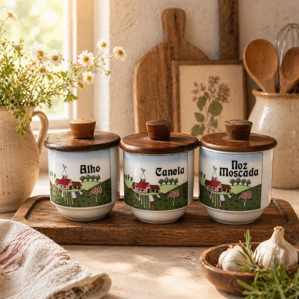 Vintage‎ Portugal Spice Jars Set Wood Lid MCM Rustic Kitchen Cottagecore Decore